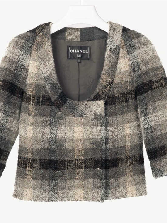 CHANEL Jackets & Blazers - CHANEL Gray & Black Plaid Wool Blend Double-Breasted Jacket